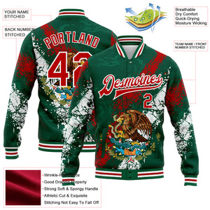 Custom Kelly Green Red-White Mexico 3D Bomber Full-Snap Varsity Letterman Jacket