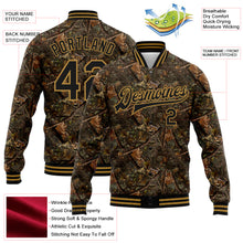 Load image into Gallery viewer, Custom Camo Black-Old Gold Realistic Forest Camouflage 3D Bomber Full-Snap Varsity Letterman Salute To Service Jacket
