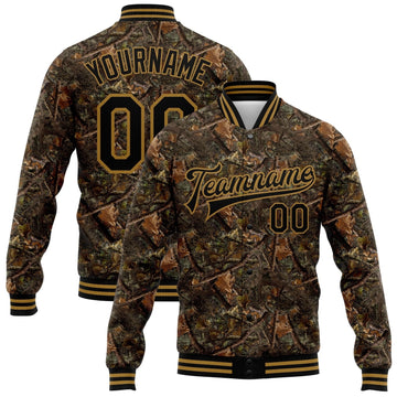 Custom Camo Black-Old Gold Realistic Forest Camouflage 3D Bomber Full-Snap Varsity Letterman Salute To Service Jacket