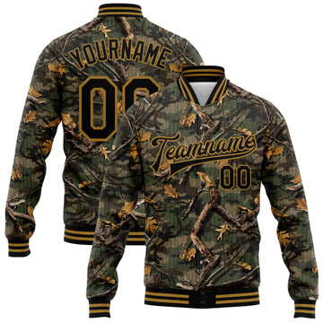 Custom Camo Black-Old Gold Classic Wood Camouflage 3D Bomber Full-Snap Varsity Letterman Salute To Service Jacket