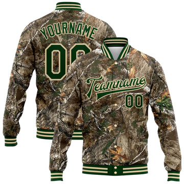 Custom Camo Green-Cream Realistic Forest Camouflage 3D Bomber Full-Snap Varsity Letterman Salute To Service Jacket