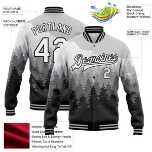 Custom Gray White-Black Watercolor Forest With Fog 3D Pattern Design Bomber Full-Snap Varsity Letterman Jacket