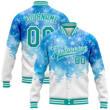 Load image into Gallery viewer, Custom Royal Aqua-White Watercolor Forest Winter Snow Landscape 3D Pattern Design Bomber Full-Snap Varsity Letterman Jacket
