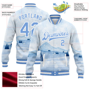 Custom White Light Blue Watercolor Winter Snow Landscape 3D Pattern Design Bomber Full-Snap Varsity Letterman Jacket