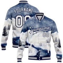 Load image into Gallery viewer, Custom White Navy Watercolor Winter Snow Landscape 3D Pattern Design Bomber Full-Snap Varsity Letterman Jacket
