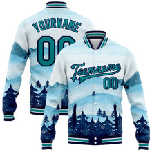 Load image into Gallery viewer, Custom White Teal-Navy Watercolor Forest Winter Snow Landscape 3D Pattern Design Bomber Full-Snap Varsity Letterman Jacket

