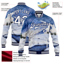 Load image into Gallery viewer, Custom Royal White-Navy Watercolor Winter Snow Landscape 3D Pattern Design Bomber Full-Snap Varsity Letterman Jacket
