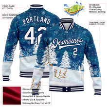 Load image into Gallery viewer, Custom Royal White-Navy Watercolor Winter Landscape With Snowy Trees 3D Pattern Design Bomber Full-Snap Varsity Letterman Jacket
