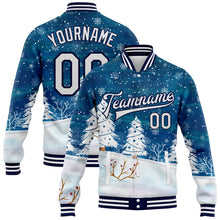 Load image into Gallery viewer, Custom Royal White-Navy Watercolor Winter Landscape With Snowy Trees 3D Pattern Design Bomber Full-Snap Varsity Letterman Jacket
