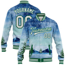 Load image into Gallery viewer, Custom Royal White-Kelly Green Watercolor Winter Landscape With Snowy Trees 3D Pattern Design Bomber Full-Snap Varsity Letterman Jacket
