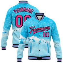 Load image into Gallery viewer, Custom Sky Blue Pink-Black Watercolor Winter Landscape With Snowy Trees 3D Pattern Design Bomber Full-Snap Varsity Letterman Jacket
