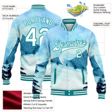 Load image into Gallery viewer, Custom Light Blue White-Teal Watercolor Winter Landscape With Snowy Trees 3D Pattern Design Bomber Full-Snap Varsity Letterman Jacket
