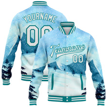 Load image into Gallery viewer, Custom Light Blue White-Teal Watercolor Winter Landscape With Snowy Trees 3D Pattern Design Bomber Full-Snap Varsity Letterman Jacket

