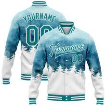 Load image into Gallery viewer, Custom Light Blue Teal-White Watercolor Winter Landscape With Snowy Trees 3D Pattern Design Bomber Full-Snap Varsity Letterman Jacket
