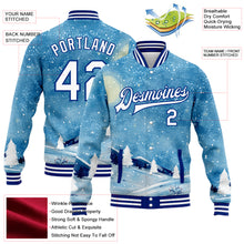 Load image into Gallery viewer, Custom Light Blue White-Royal Watercolor Winter Landscape With Snowy Trees 3D Pattern Design Bomber Full-Snap Varsity Letterman Jacket
