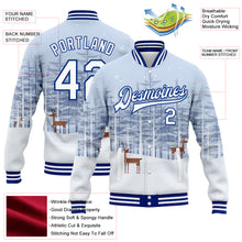 Load image into Gallery viewer, Custom White Royal Reindeers In A Snowy Forest 3D Pattern Design Bomber Full-Snap Varsity Letterman Jacket
