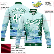 Load image into Gallery viewer, Custom Aqua White-Kelly Green Watercolor Winter Landscape With Snowy Trees 3D Pattern Design Bomber Full-Snap Varsity Letterman Jacket
