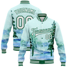Load image into Gallery viewer, Custom Aqua White-Kelly Green Watercolor Winter Landscape With Snowy Trees 3D Pattern Design Bomber Full-Snap Varsity Letterman Jacket

