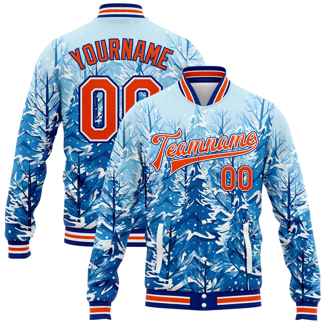 Custom Royal Orange-White Lovely Winter Landscape With Snowy Trees 3D Pattern Design Bomber Full-Snap Varsity Letterman Jacket