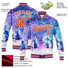 Load image into Gallery viewer, Custom Purple Orange-White Watercolor Winter Landscape With Snowy Trees 3D Pattern Design Bomber Full-Snap Varsity Letterman Jacket
