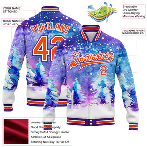 Custom Purple Orange-White Watercolor Winter Landscape With Snowy Trees 3D Pattern Design Bomber Full-Snap Varsity Letterman Jacket