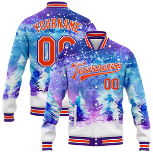 Custom Purple Orange-White Watercolor Winter Landscape With Snowy Trees 3D Pattern Design Bomber Full-Snap Varsity Letterman Jacket