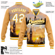 Load image into Gallery viewer, Custom Gold White Big Ben And Westminster Bridge London UK City Edition 3D Bomber Full-Snap Varsity Letterman Jacket
