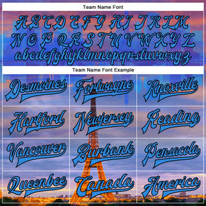 Custom Electric Blue Black-Orange Eiffel Tower Paris France City Edition 3D Bomber Full-Snap Varsity Letterman Jacket