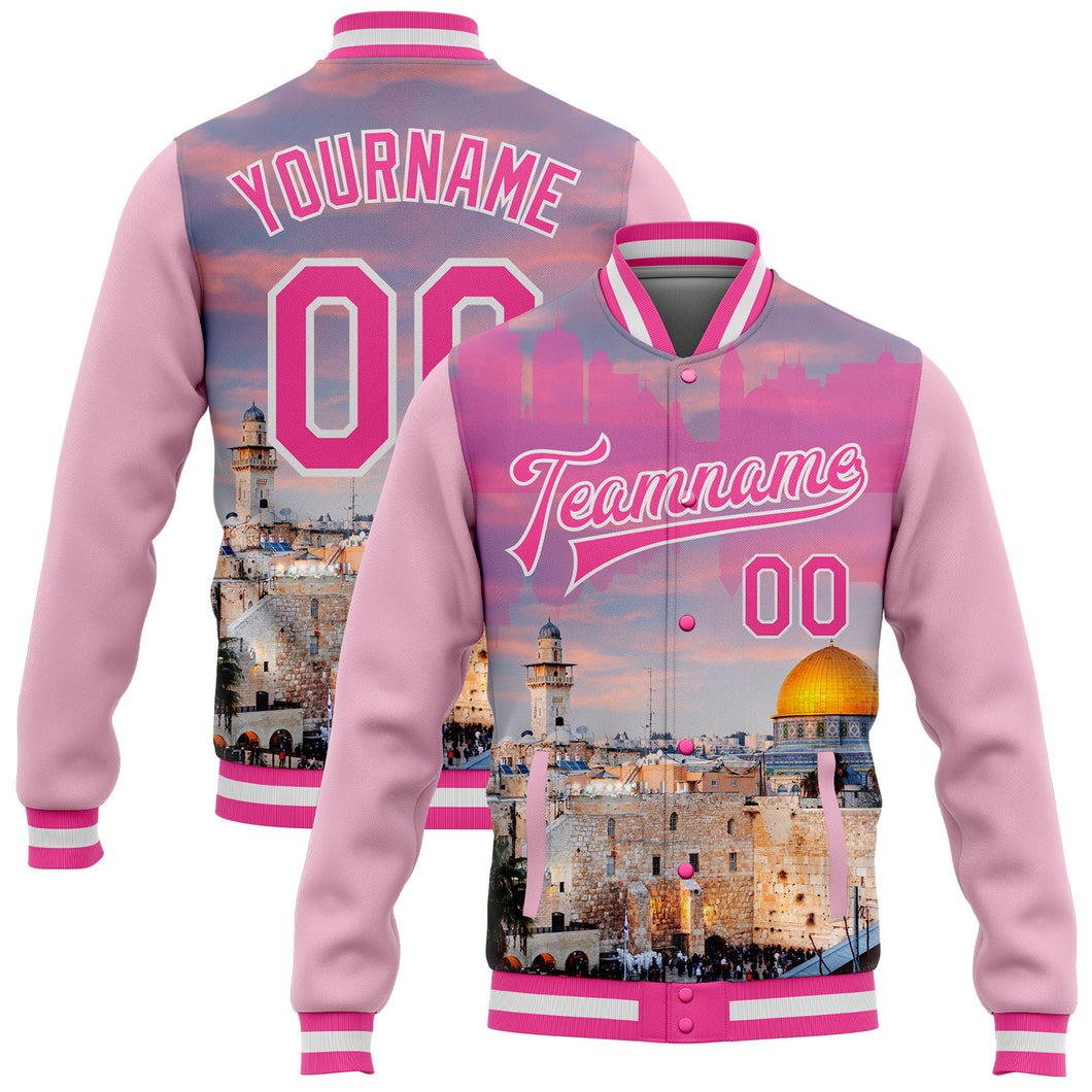 Custom Pink Light Pink-White The Dome Of The Rock Jerusalem Israel City Edition 3D Bomber Full-Snap Varsity Letterman Jacket