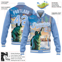 Load image into Gallery viewer, Custom Light Blue White Statue Of Liberty New York City Edition 3D Bomber Full-Snap Varsity Letterman Jacket
