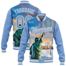 Load image into Gallery viewer, Custom Light Blue White Statue Of Liberty New York City Edition 3D Bomber Full-Snap Varsity Letterman Jacket
