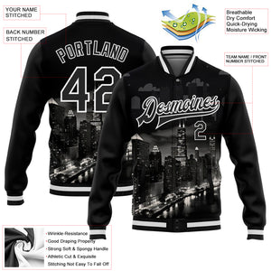 Custom Black White Chicago Illinois City Edition 3D Bomber Full-Snap Varsity Letterman Jacket