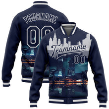 Load image into Gallery viewer, Custom Navy White Detroit Michigan City Edition 3D Bomber Full-Snap Varsity Letterman Jacket
