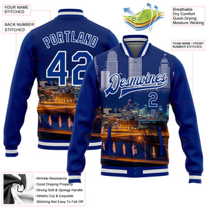 Custom Royal White Kansas City Missouri City Edition 3D Bomber Full-Snap Varsity Letterman Jacket