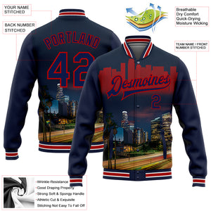 Custom Navy Red Los Angeles California City Edition 3D Bomber Full-Snap Varsity Letterman Jacket