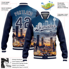 Load image into Gallery viewer, Custom Navy White Atlanta Georgia City Edition 3D Bomber Full-Snap Varsity Letterman Jacket
