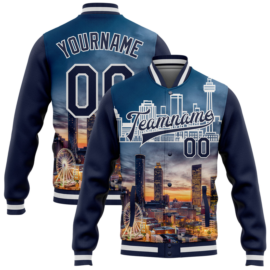 Custom Navy White Atlanta Georgia City Edition 3D Bomber Full-Snap Varsity Letterman Jacket