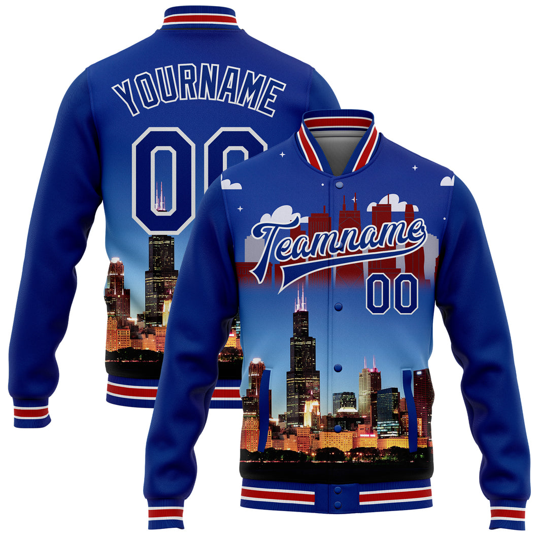 Custom Royal Red-White Chicago Illinois City Edition 3D Bomber Full-Snap Varsity Letterman Jacket