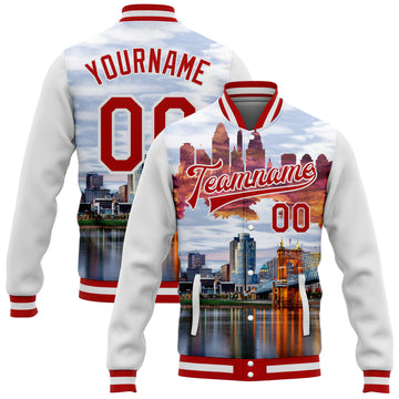 Custom White Red Cincinnati Ohio City Edition 3D Bomber Full-Snap Varsity Letterman Jacket