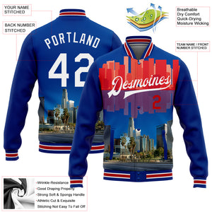 Custom Royal White-Red Los Angeles California City Edition 3D Bomber Full-Snap Varsity Letterman Jacket