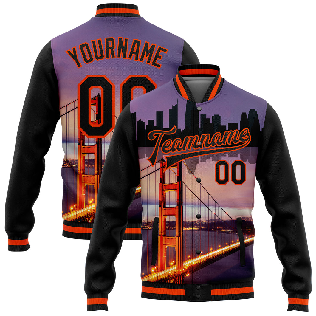 Custom Black Orange The Golden Gate Bridge San Francisco California City Edition 3D Bomber Full-Snap Varsity Letterman Jacket