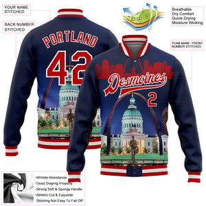 Custom Navy Red-White The Gateway Arch St.Louis Missouri City Edition 3D Bomber Full-Snap Varsity Letterman Jacket