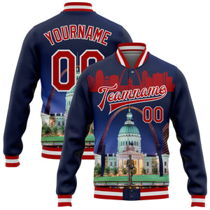 Custom Navy Red-White The Gateway Arch St.Louis Missouri City Edition 3D Bomber Full-Snap Varsity Letterman Jacket