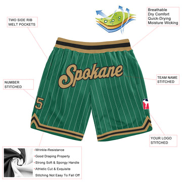 Custom Kelly Green White Pinstripe Old Gold-Black Authentic Basketball Shorts