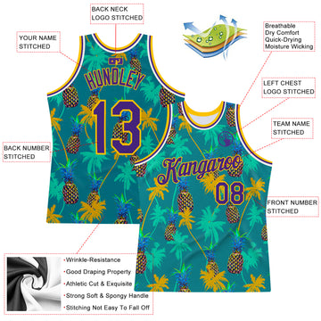 Custom Kelly Green Purple-Gold 3D Pattern Design Palm Trees Pineapples Authentic Basketball Jersey