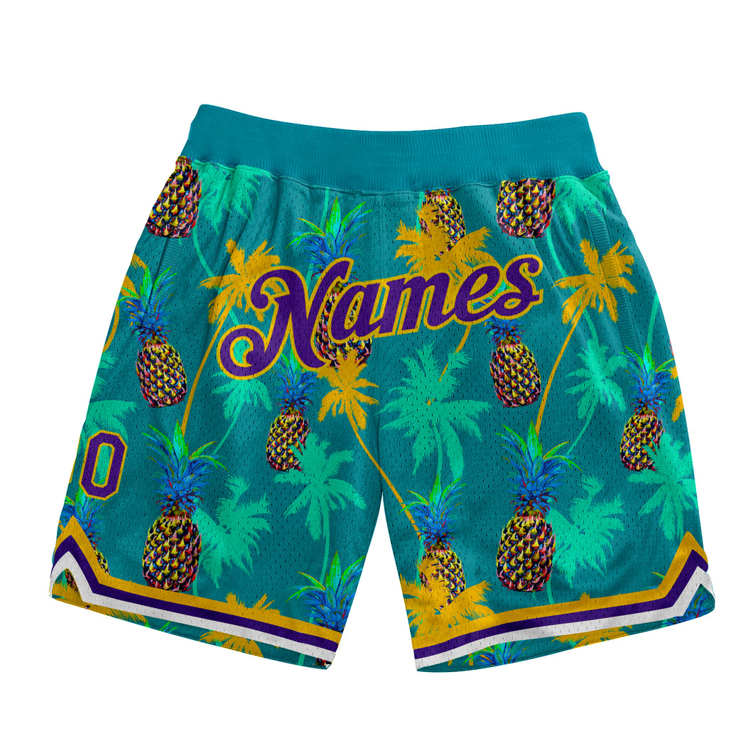 Custom Kelly Green Purple-Gold 3D Pattern Design Palm Trees Pineapples Authentic Basketball Shorts