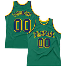 Load image into Gallery viewer, Custom Kelly Green Navy-Gold Authentic Throwback Basketball Jersey
