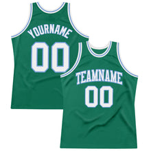 Load image into Gallery viewer, Custom Kelly Green White-Light Blue Authentic Throwback Basketball Jersey

