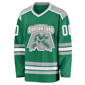 Custom Kelly Green White-Gray Hockey Jersey