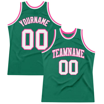 Custom Kelly Green White-Pink Authentic Throwback Basketball Jersey